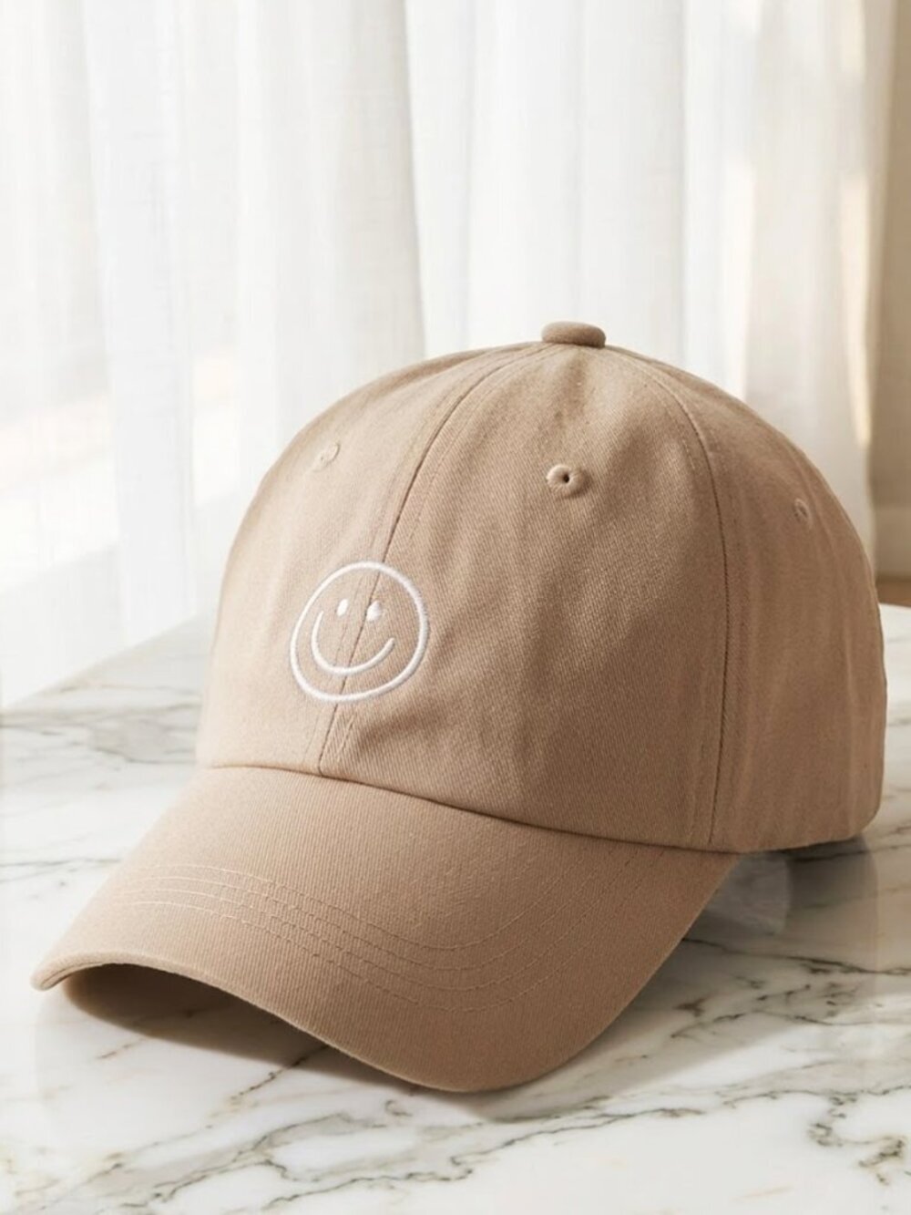 Tan Ladies Smiley Face Embroidered Hat